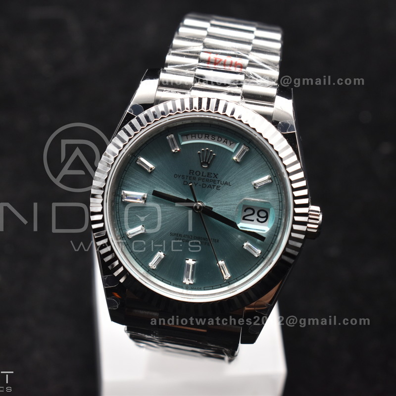 DayDate 40 SS GMF 904L Steel Ice Blue Stick Dial On President Bracelet A3255 V2